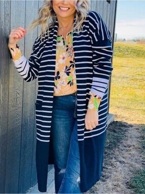 CAbi Navy & White Boathouse Long Open-Front Cardigan w Pockets Size Small #6243